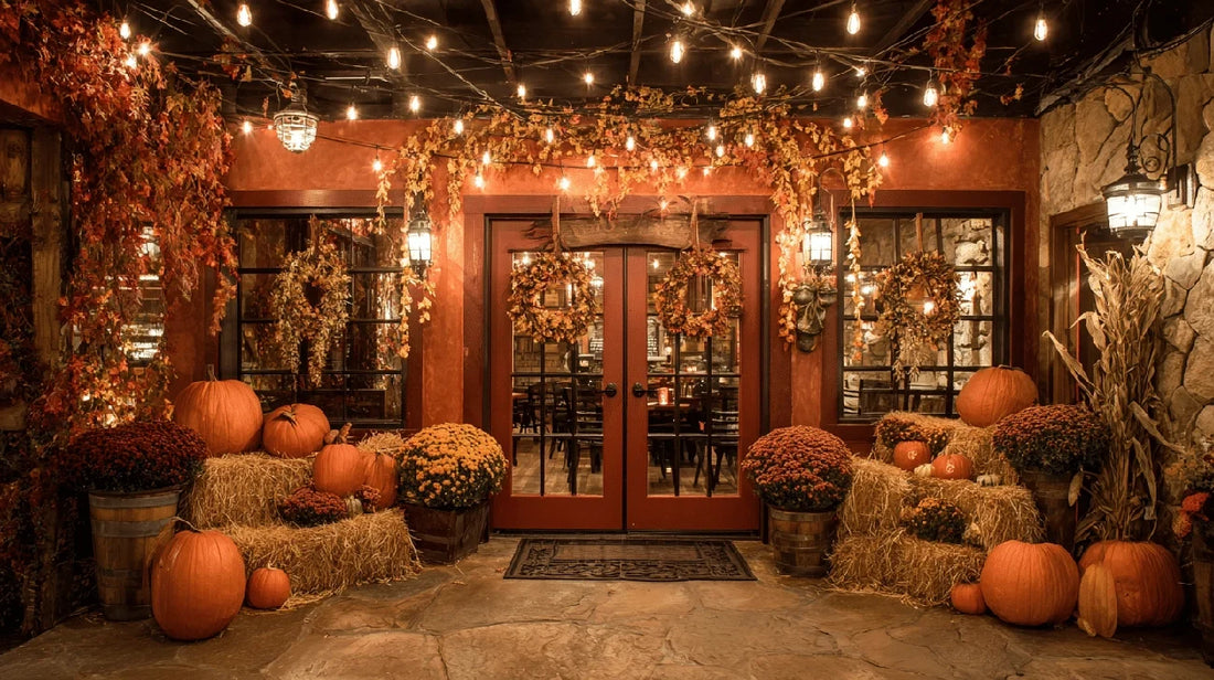 Commercial entrance styled with hay bales, mums, pumpkins and cornstalks under warm string lighting