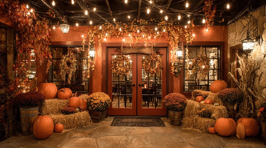 Commercial entrance styled with hay bales, mums, pumpkins and cornstalks under warm string lighting
