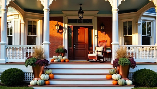 A professionally styled luxury Victorian porch in Hinsdale featuring heirloom pumpkins in muted greens and whites, copper planters with autumn mums, and ornate white architectural columns, showcasing 2026 fall curb appeal.