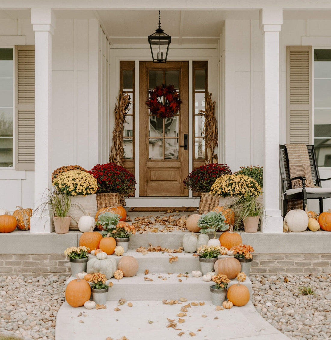 Fall porch display on a white Lake Forest farmhouse with cornstalks, yellow and burgundy mums, and pumpkins on limestone steps