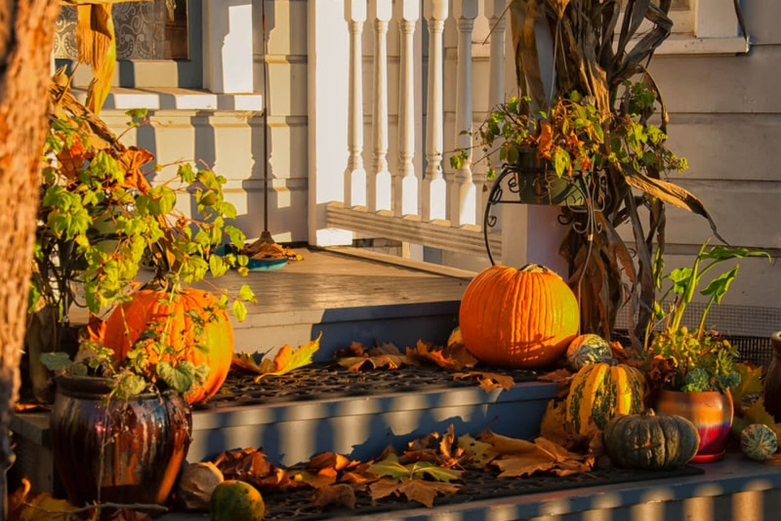 Fall porch display on a Winnetka home
